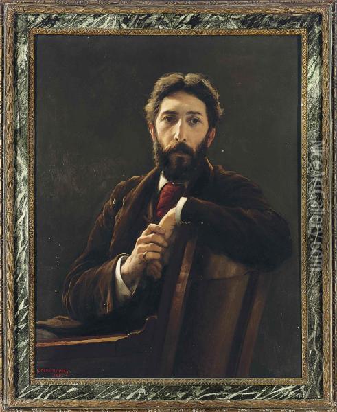 Portrait Of The Architect P. Norman, Seated, Half-length, In Abrown Coat Oil Painting - Charles Napier Kennedy