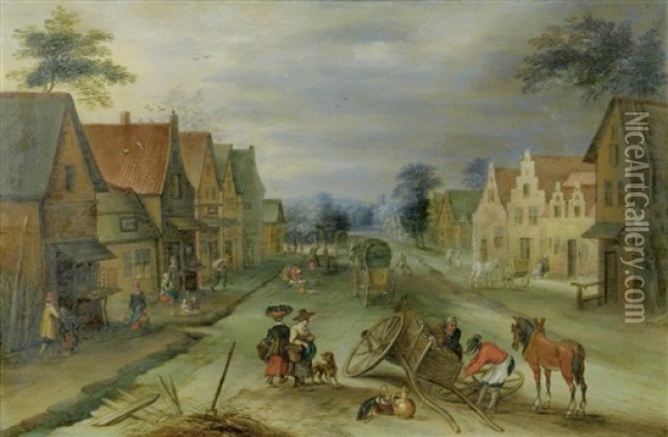 Figures Repairing A Wagon In A Village Oil Painting - Joos de Momper the Younger