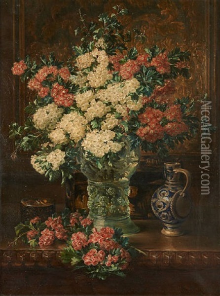 Aubepines Blanches Et Roses Et Verre De Boheme Oil Painting - Francois Joseph Huygens