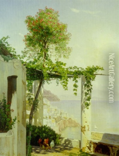 Udsigt Gennem Pergola Til By, Hav Og Bjerge, Italien Oil Painting - Niels Fristrupp