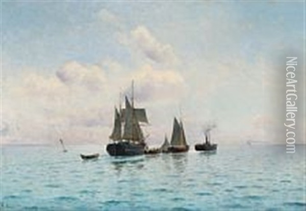 Two Ships Pulled By A Tugboat Oil Painting - Holger Luebbers
