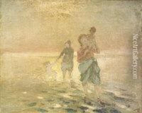 Women And Children Paddling Oil Painting - George William, A.E. Russell