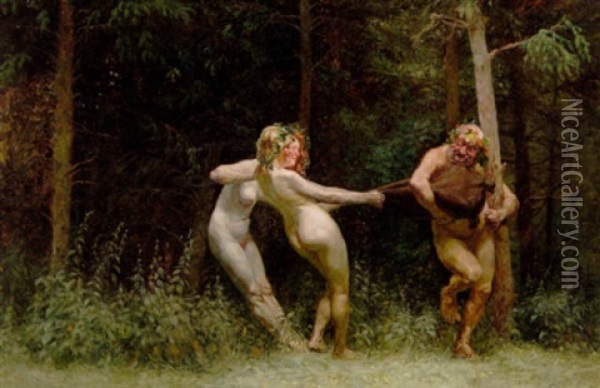 To Skovnymfer, Der Driller En Satyr Oil Painting - Cilius (Johannes Konrad) Andersen