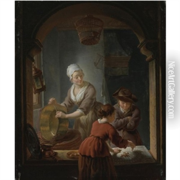 An Interior With A Kitchen Maid Cleaning A Copper Pot And A Youth And Young Woman Playing Jeu De L'oie Oil Painting - Louis de Moni