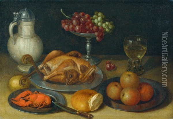 Mahlzeitenstilleben Mit Flusskrebs, Kapaun Und Trauben Oil Painting - Gotthardt (Godert) de Wedig