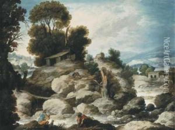 A Rocky River Landscape With Fishermen And Shepherds Resting Withtheir Flock Oil Painting - Francisco Collantes