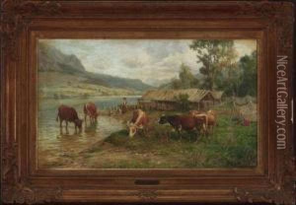 Bauernkinder Mit Kuhen Am Seeufer. Oil Painting - Karl Stuhlmuller