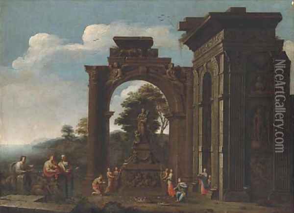 A capriccio of Roman ruins with classical figures adorning a shrine to Ceres Oil Painting - Giovanni Ghisolfi