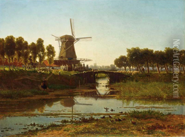 Windmill In A Summer Landscape Oil Painting - Gerrit Alexander G. Mollinger