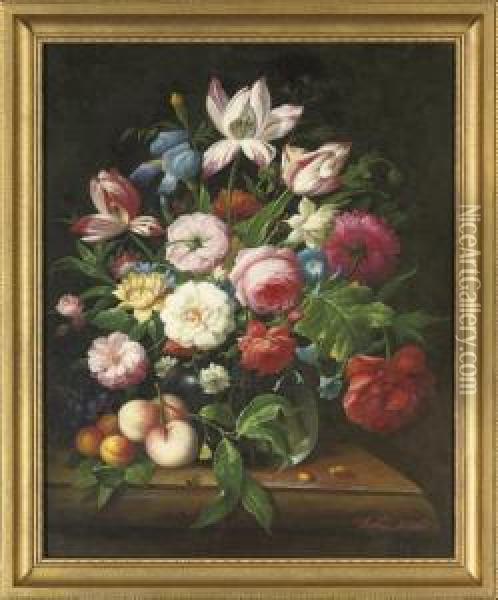 Roses, Camellia, Iris, Parrot 
Tulips And Morning Glory In A Glass Vase, With Peaches, Apricots And 
Grapes To The Side, On A Stone Ledge; And Camellias, Roses, Lilac, 
Narcissus And Parrot Tulips In A Glass Vase, With Grapes And Plums To 
The Side, O Oil Painting - Thomas Webster