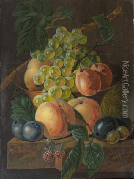 Nature Morte A La Coupe De Fruits Posee Sur Un Entablement Oil Painting - Johannes Cornelis de Bruyn