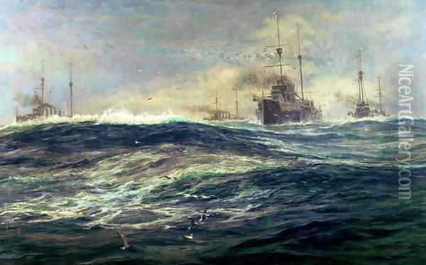 1st Battle Squadron of Dreadnoughts Steaming down the Channel in 1911 Oil Painting - William Lionel Wyllie