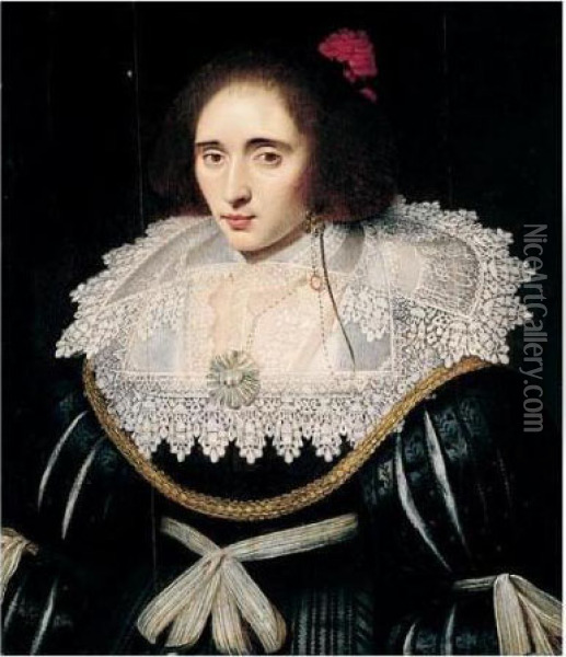 Portrait Of A Lady, Said To Be 
Elizabeth, Queen Of Bohemia, Half Length, Wearing A Black Dress With An 
Elaborate Lace Ruff, And A Red Flower In Her Hair Oil Painting - Michiel Jansz. Van Miereveldt