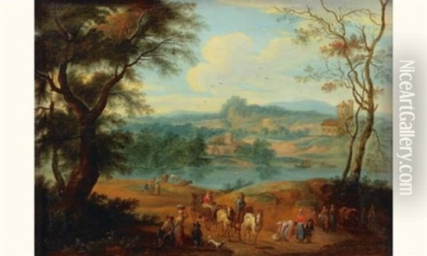 Paysage De Campagne Traverse Par Une Riviere Avec Carriole Et Villageois Oil Painting - Jan-Peter van Bredael the Younger