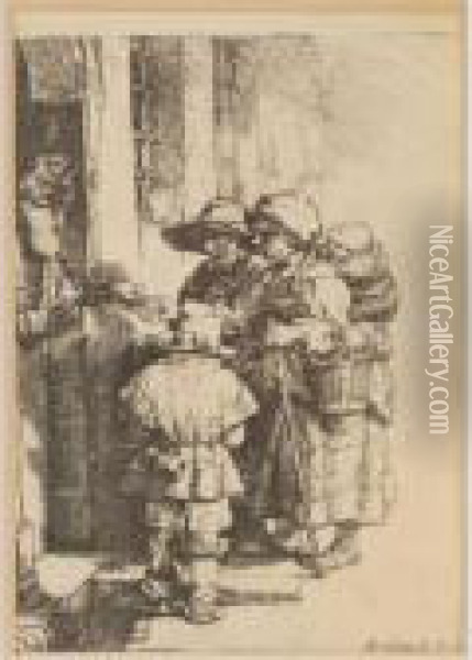Trio Of Beggars Receiving Alms At The Door Oil Painting - Rembrandt Van Rijn