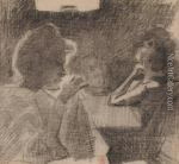 Deux Femmes Assises, L````````une Cousant Oil Painting - Theo van Rysselberghe
