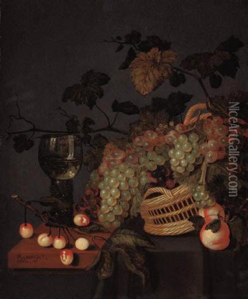 A Basket With Grapes, A Roemer And Cherries On A Partly Drapedledge Oil Painting - Bartholomeus Assteyn