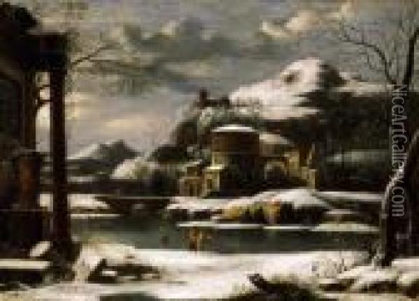 Waterside Landscape In Winter, About 1760 Oil Painting - Francesco Foschi