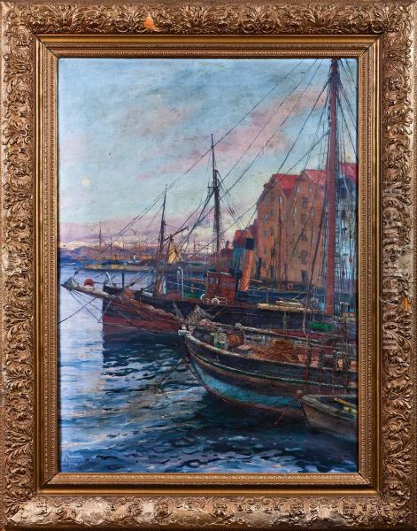 Harbour Of Stavanger Viewed From Grand Hotel Oil Painting - Haakon Jensen Kaulum