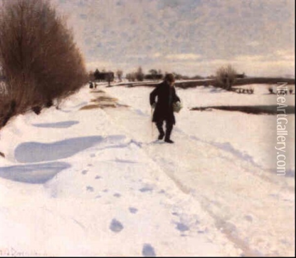 Vinterlandskap Med Promenerande Man Oil Painting - Hans Andersen Brendekilde