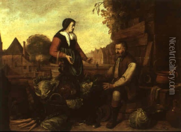Peasant Woman With A Vegetable Seller Oil Painting - Gerard van Donck