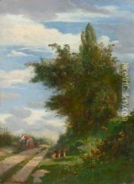 Sommerlicher Feldwegmit Erntender Bauerin Oil Painting - Adolphe Mirecourt