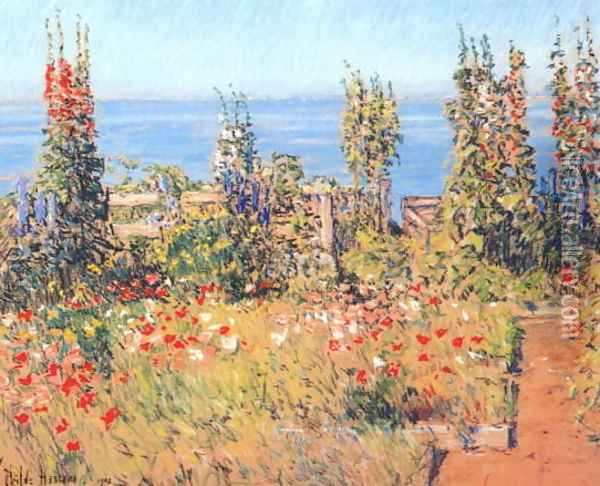 Hollyhocks, Isles of Shoals Oil Painting - Childe Hassam