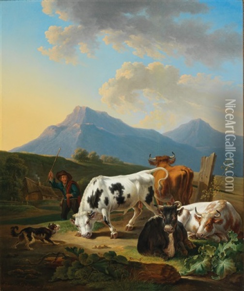 Farmer With Bull Oil Painting - Johann Baptist Dallinger von Dalling the Younger