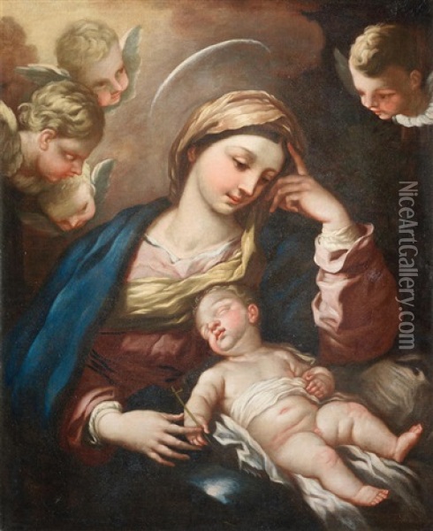 The Madonna And Child With Angels Oil Painting - Luca Giordano