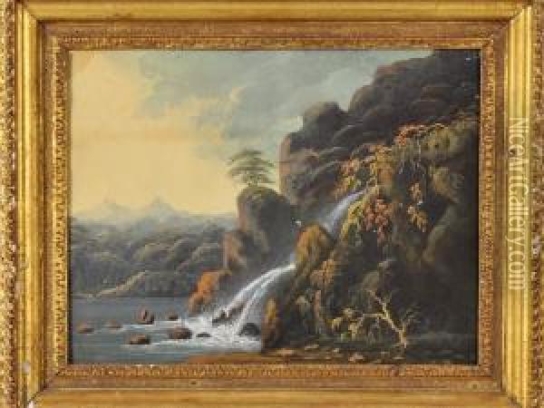 A Cataract By A Lough Oil Painting - Thomas Walmsley