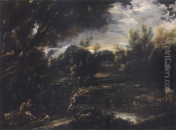 Landscape With Hunters And A Washerwoman Oil Painting - Alessandro Magnasco