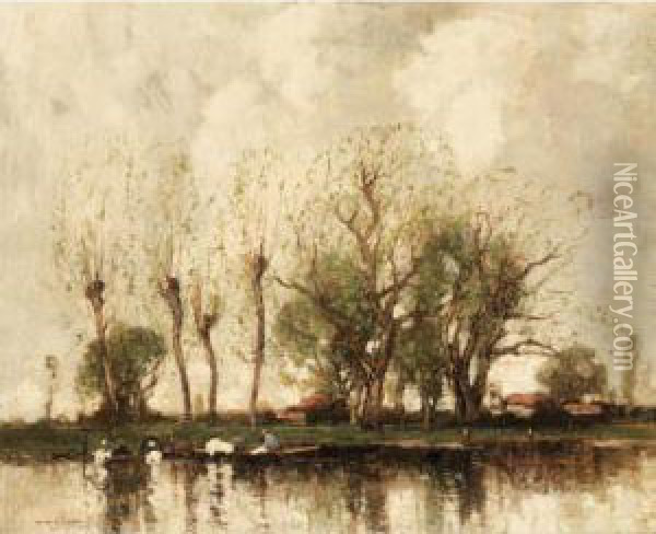 A Dutch Canal Side Oil Painting - William Alfred Gibson