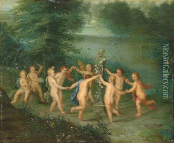 Music-making Putti Dancing Around A Herm Of A Satyr In A Forest Oil Painting - Jan Van Balen