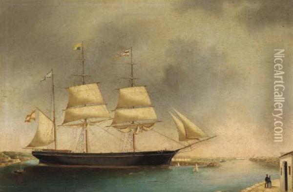 The Spanish Three-masted Barque Juanita Clar Running Into Portmahon, Minorca Oil Painting - Juan Font Y Vidal