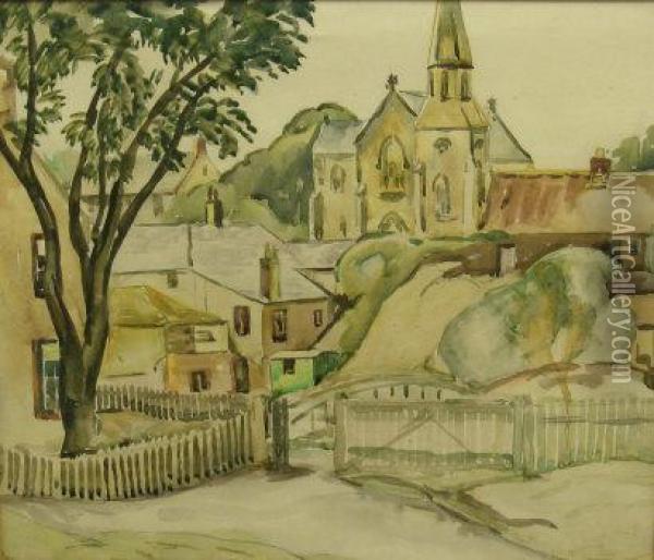 A View Of A Village With A Church On A Hill Oil Painting - P. Henderson