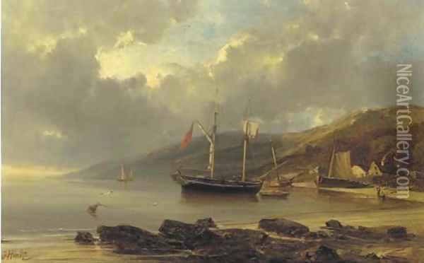 Two-master anchored in a bay Oil Painting - Julius Hintz