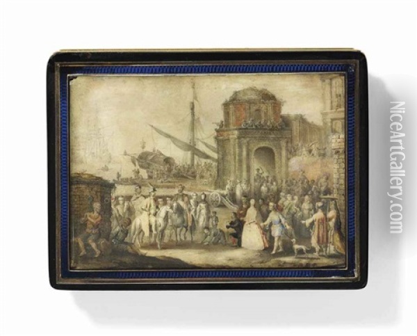 A Scene Depicting An Oriental Slave Market, With Figures In A Harbour With Ships And Canons, Onlookers On The Balcony Of A Building Oil Painting - Louis Nicolas van Blarenberghe