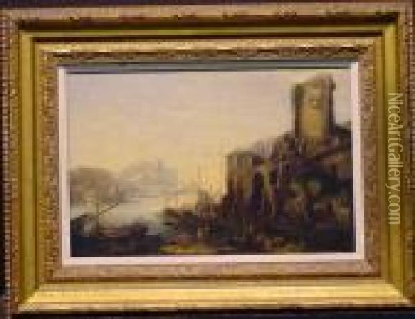 Figures And Shipping In A Ruined Harbor Oil Painting - Jean-Baptiste Pillement