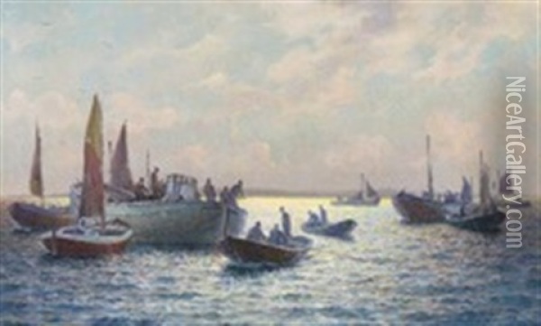 Seascape With Fishing Boats Near A Coast Oil Painting - Emil Gotthard Ekman