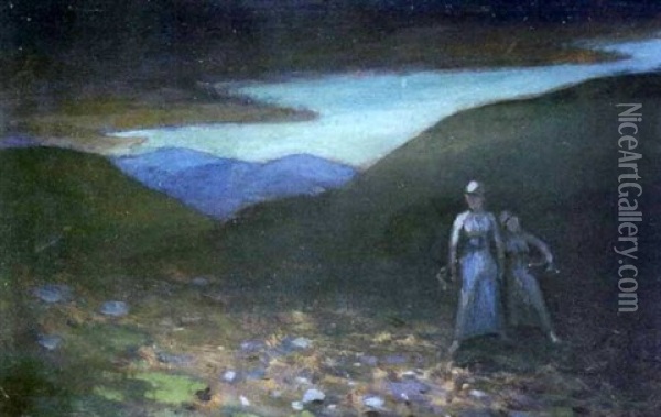Evening Landscape With Figures (donegal) Oil Painting - George Russell