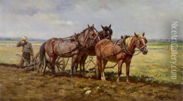 Bauer Mit Drei Pferden Beim Pflugen Oil Painting - Mary Guise Newcomb