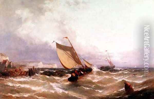 Fishing Boats off a Coastline Oil Painting - Edwin Hayes