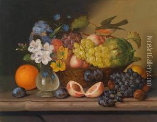 Blumen- Und Fruchtestillleben Mit Einem Vogel Oil Painting - Georg Seitz