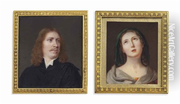 A Young Gentleman, In Black Robes And White Shirt, Auburn Hair And Moustache (after A 17th Century Portrait); Together With A Young Lady In The Guise Of A Saint (2 Works) Oil Painting - Louis Ami Arlaud-Jurine