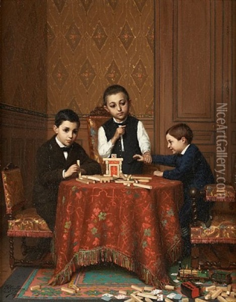 Trois Enfants Jouant En Tenue Du Dimanche Oil Painting - Paul (Louis Narcisse) Grolleron