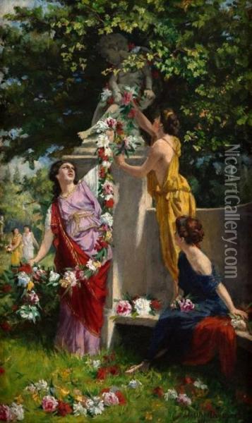 Classical Maiden With Garlands Oil Painting - John Ward Dunsmore