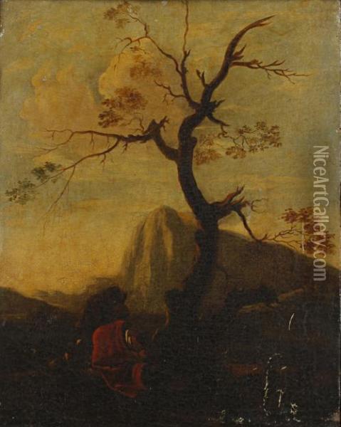 A Traveller Before An Italianate Landscape Oil Painting - Jan Miel
