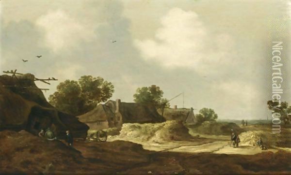 A Dune Landscape With Travellers On A Path And Peasants Resting Near Farms Oil Painting - Pieter de Neyn