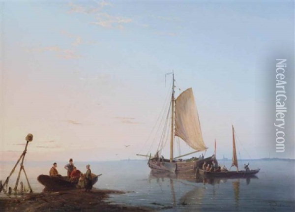 Vessels Along The Dutch Coast At Sunset Oil Painting - Pieter Cornelis Dommershuijzen