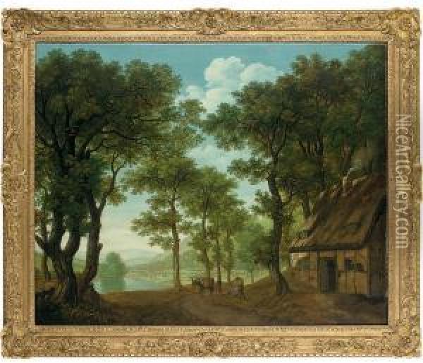 A Wooded River Landscape, 
Thought To Be On The Wye, A Traveller And His Mule By A Cottage Oil Painting - George, of Chichester Smith